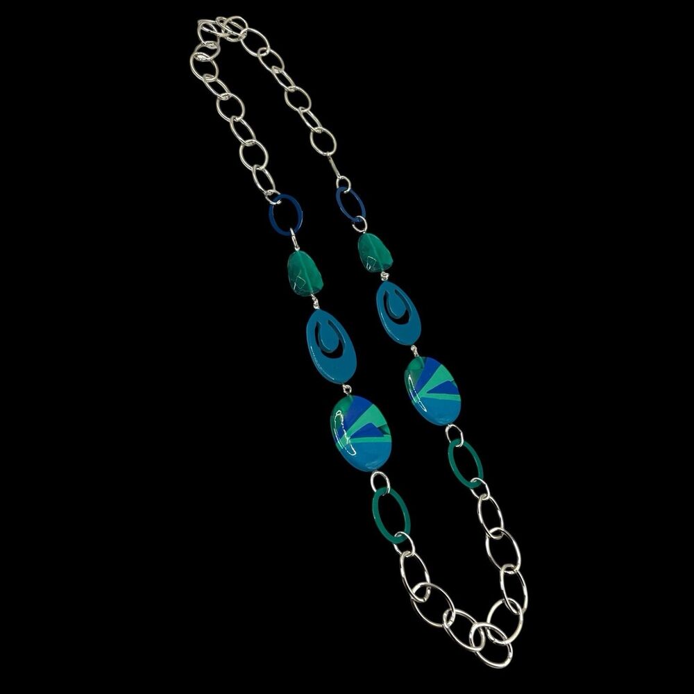 Nine West Necklace Chunky Oval Blue Acrylic Silver Tone Link Chain Retro Mod Geo
